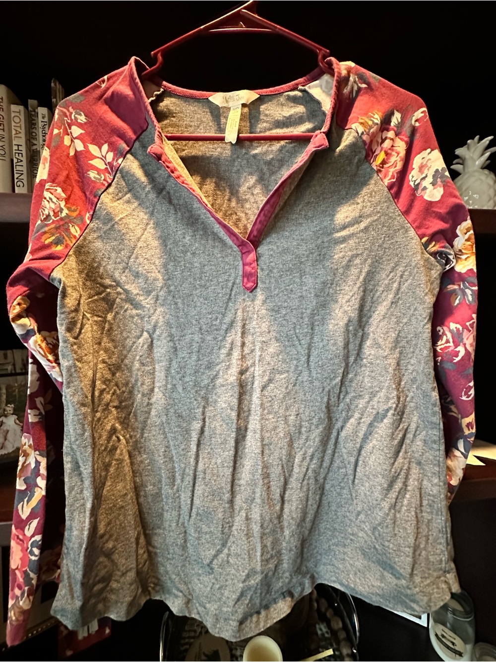 Matilda Jane Gray Body with Burgundy Floral Raglan Sleeves Long Sleeve Tee
